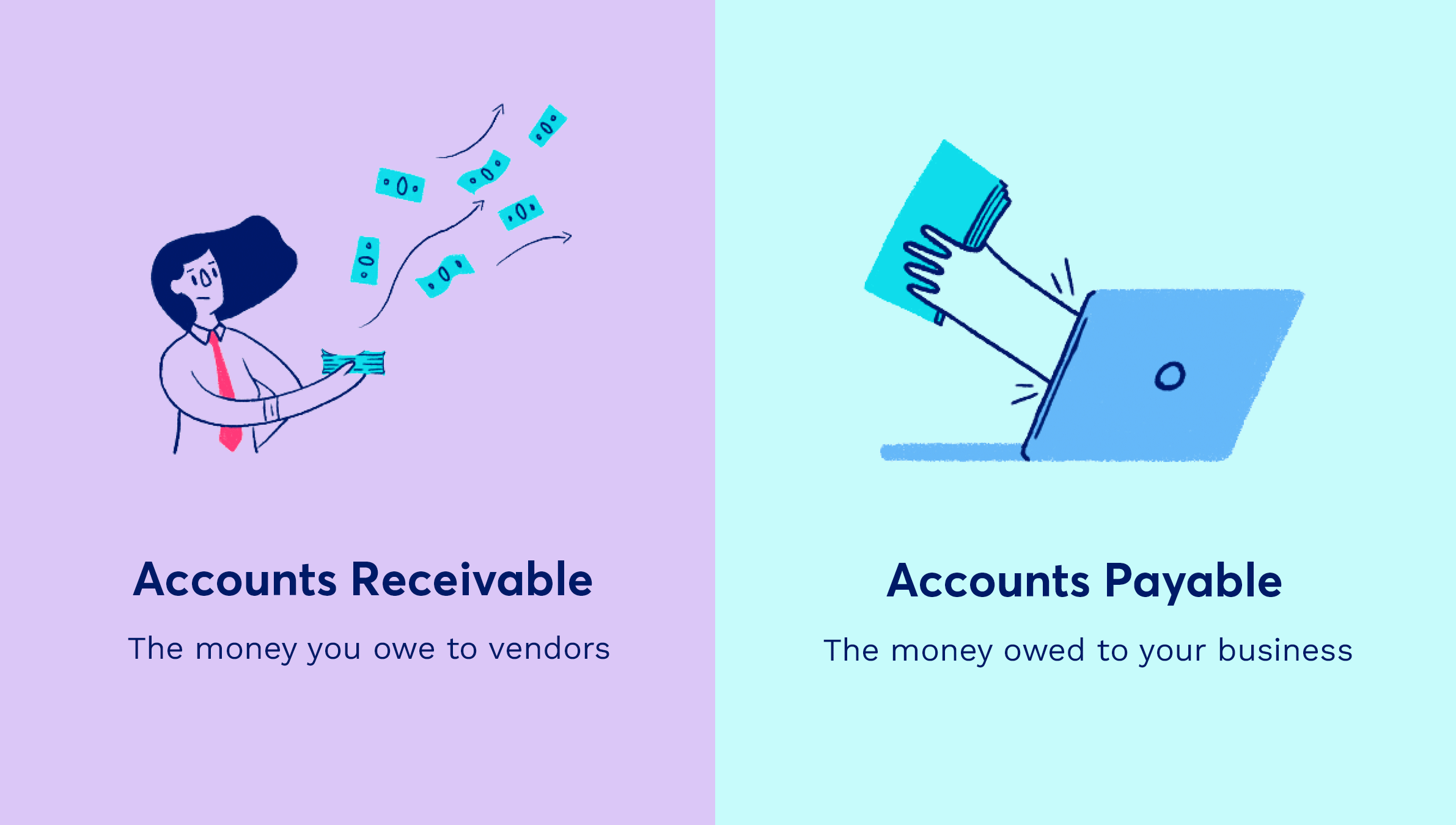 Accounts Receivable: the money you owe to vendors. Accounts Payable: the money owed to your business.