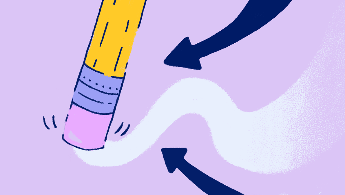 The end of a pencil is erasing a pink background, leaving a white streak.