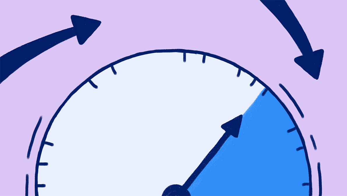 A closeup of a timer clock face. The time that has passed is white. The time that has not passed is blue.