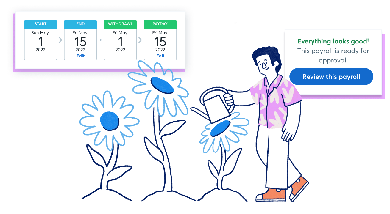 Illustration of man watering plants while payroll runs in the background